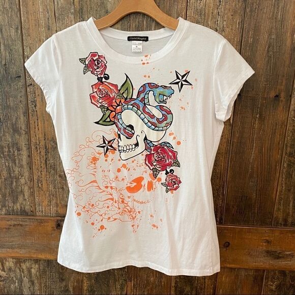 Crystal Mongkey XL* White Red Gypsy Rose Sugar Skull Skelton T-Shirt - Picture 3 of 6